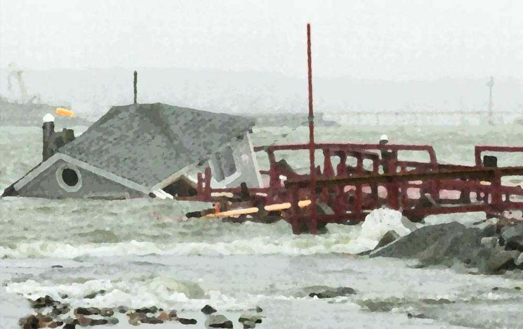 Photo of storm destruction. Image based on photo by Jack Sullivan, Island Institute
